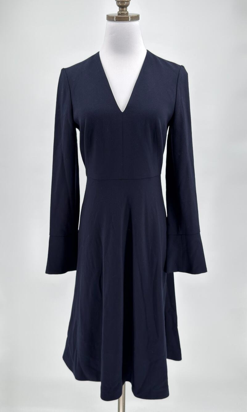 L.K. Bennett Dr Amana Sloane Navy Blue V Neck Long Sleeve Fit Flare Dress Sz 4